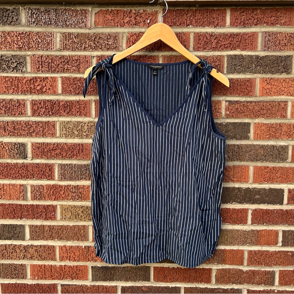Banana Republic Navy Blue and White Pin Striped Tied Strap V Neck Tank Top